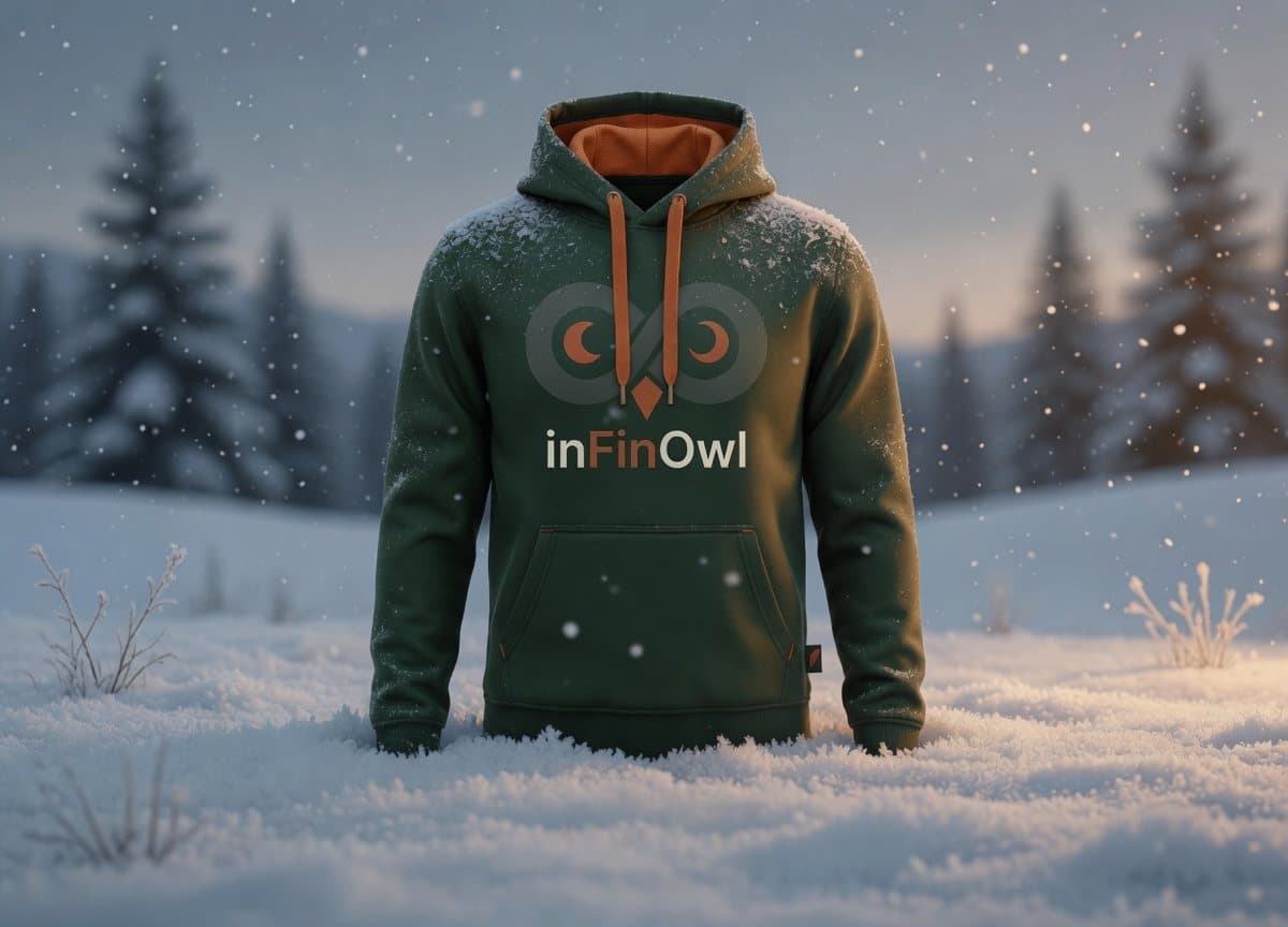 Forest and rust hoodie in falling snow