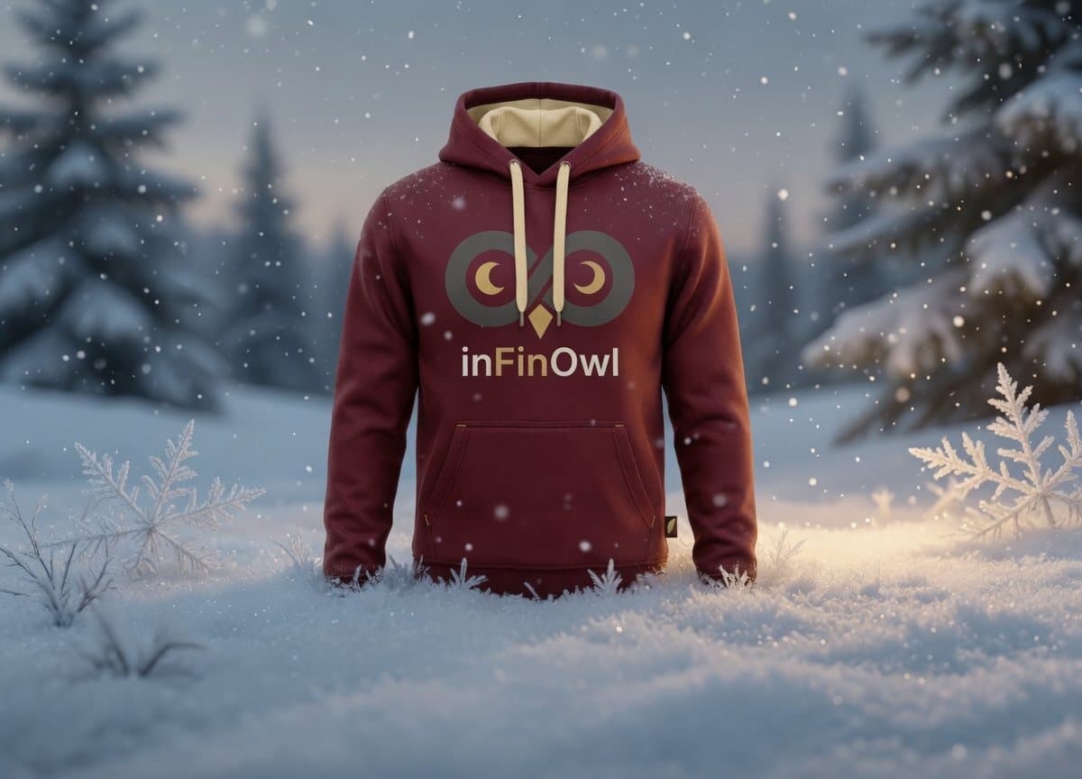 Maroon and cream hoodie in a snowy forest