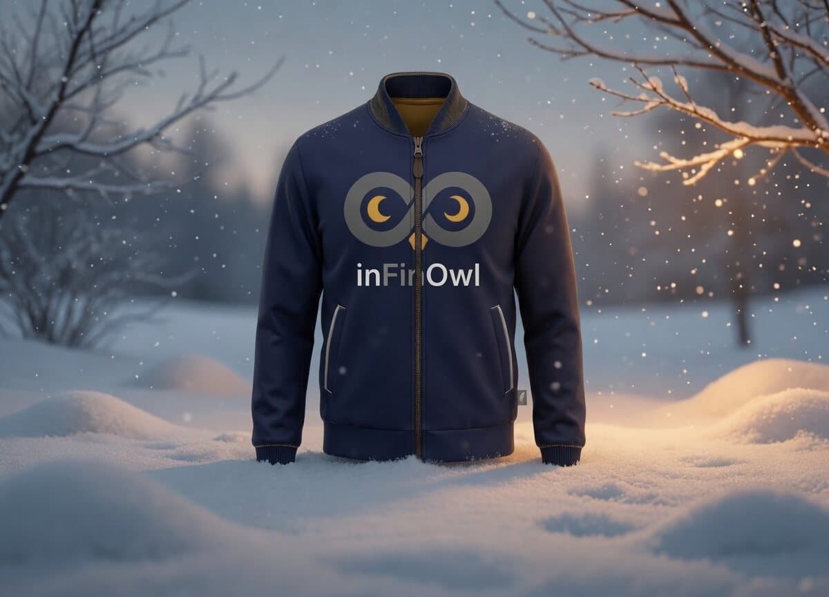 Navy bomber jacket on a snowfield at dusk