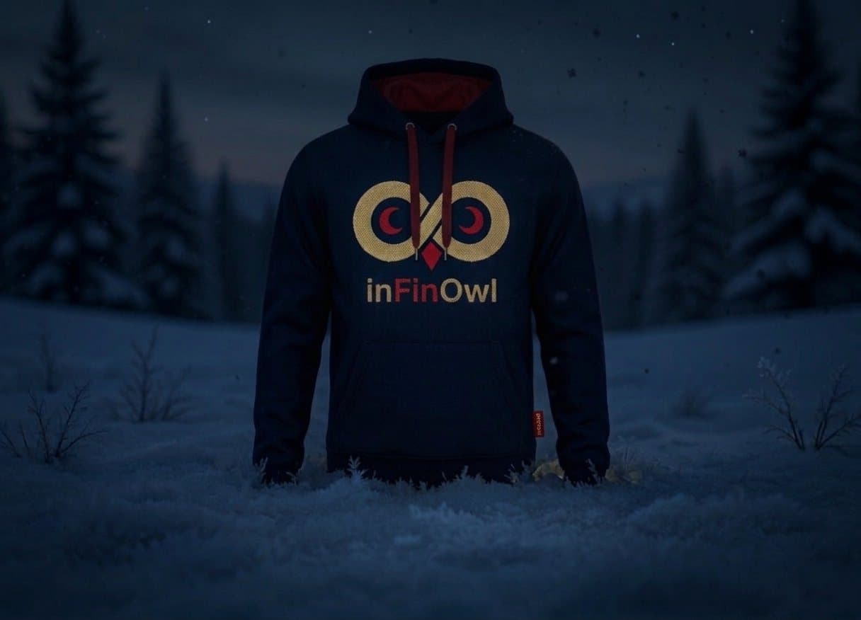 Navy hoodie with a gold owl emblem in the snow