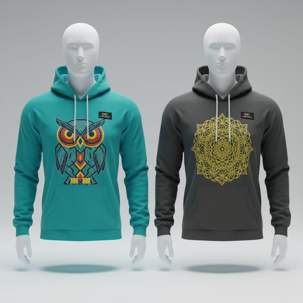 Teal owl totem hoodie beside a charcoal mandala hoodie